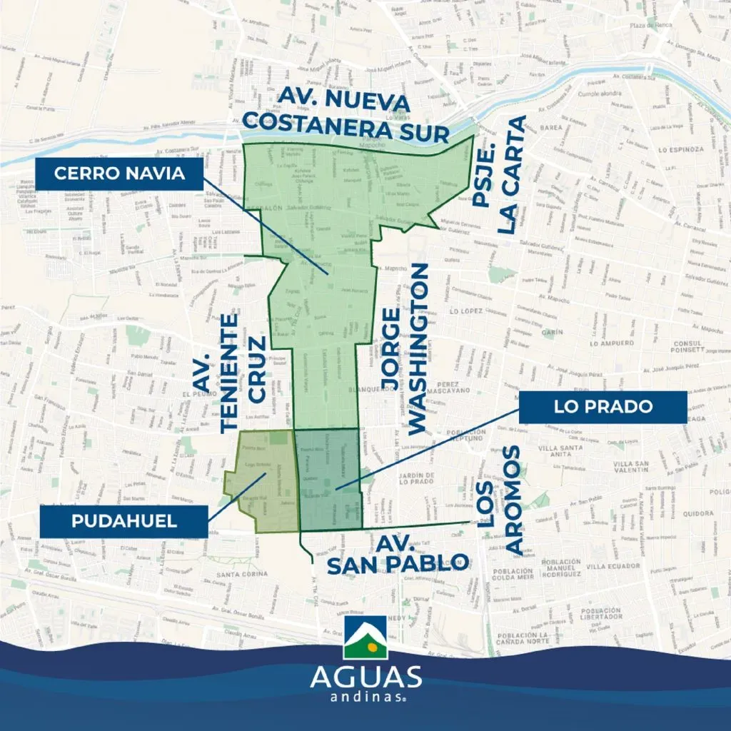 Mapa de los límites del corte de agua en Cerro Navia, Lo Prado y Pudahuel | Foto: Aguas Andinas