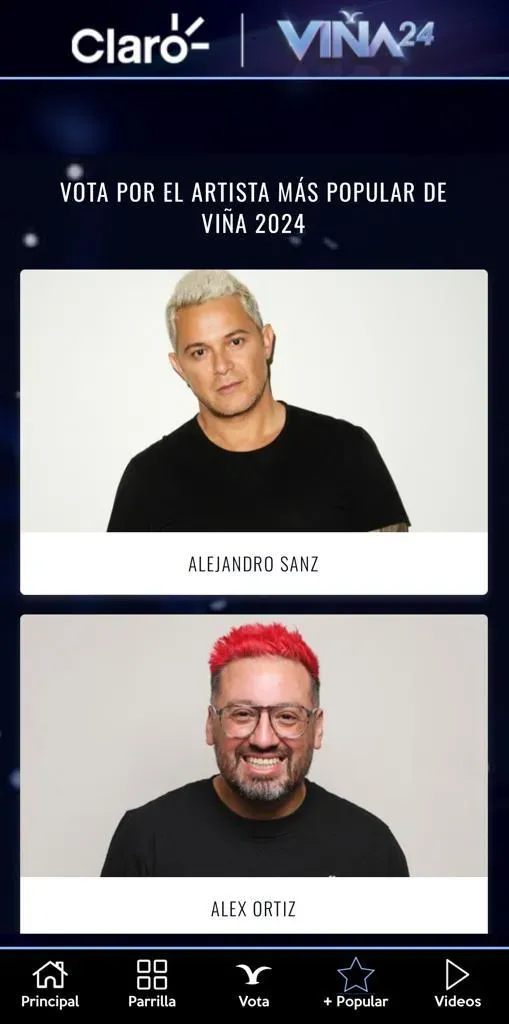 Así se ve la app de Claro Viña 2024 y el apartado de +Popular donde podrás votar por tus artistas favoritos.
