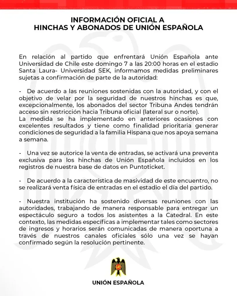 El comunicado de Unión Española.