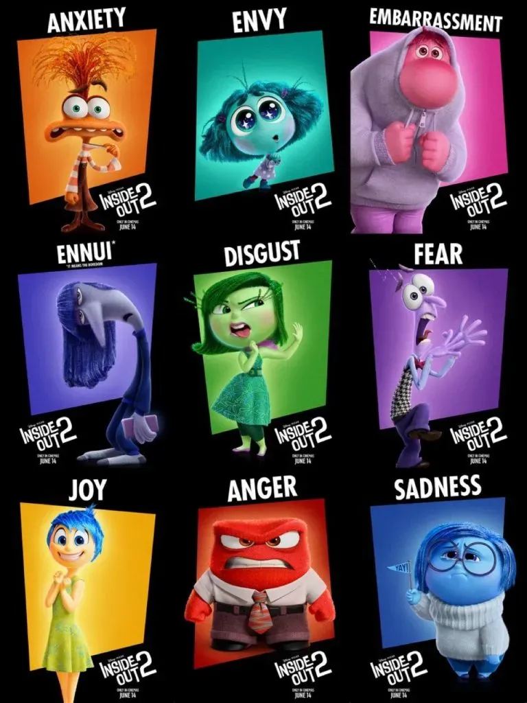Las emociones de Ansiedad, Envidia, Vergüenza y Aburrimiento vienen a revolucionar el mundo que conocían Desagrado, Miedo, Alegría, Enojo y Tristeza. Foto: Disney Pixar.