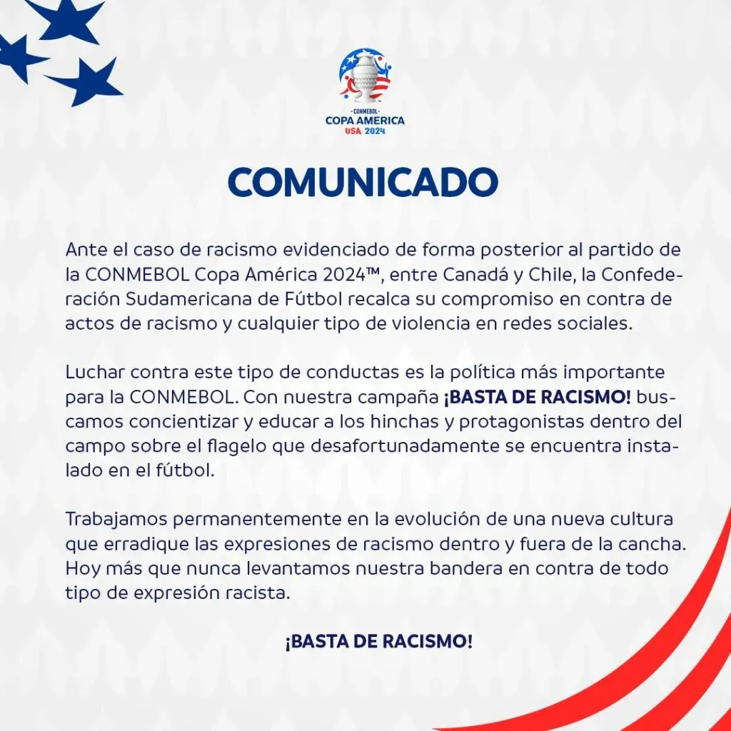 Comunicado por actos de racismo en duelo de Chile ante Canadá (Conmebol)