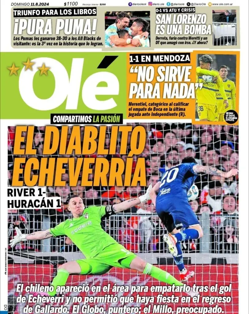 Echeverría es portada de Olé.