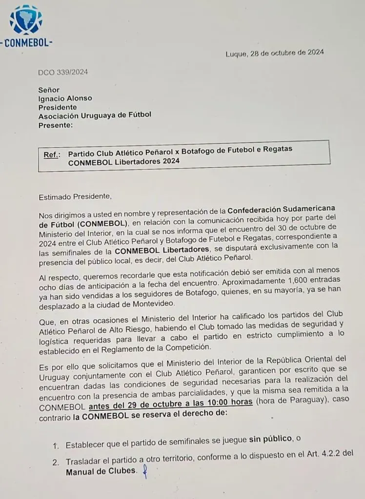 La advertencia de Conmebol a Peñarol por querer jugar sin hinchas visitantes (@padreydecanocom)