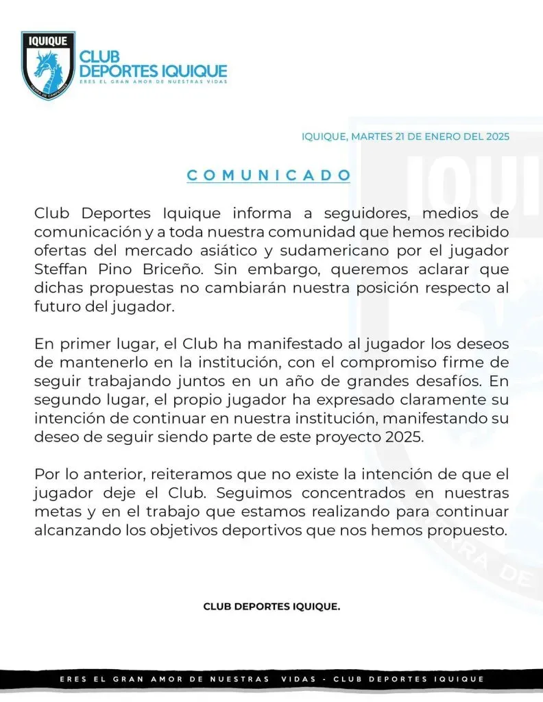 El comunicado oficial por el caso Steffan Pino (Deportes Iquique)