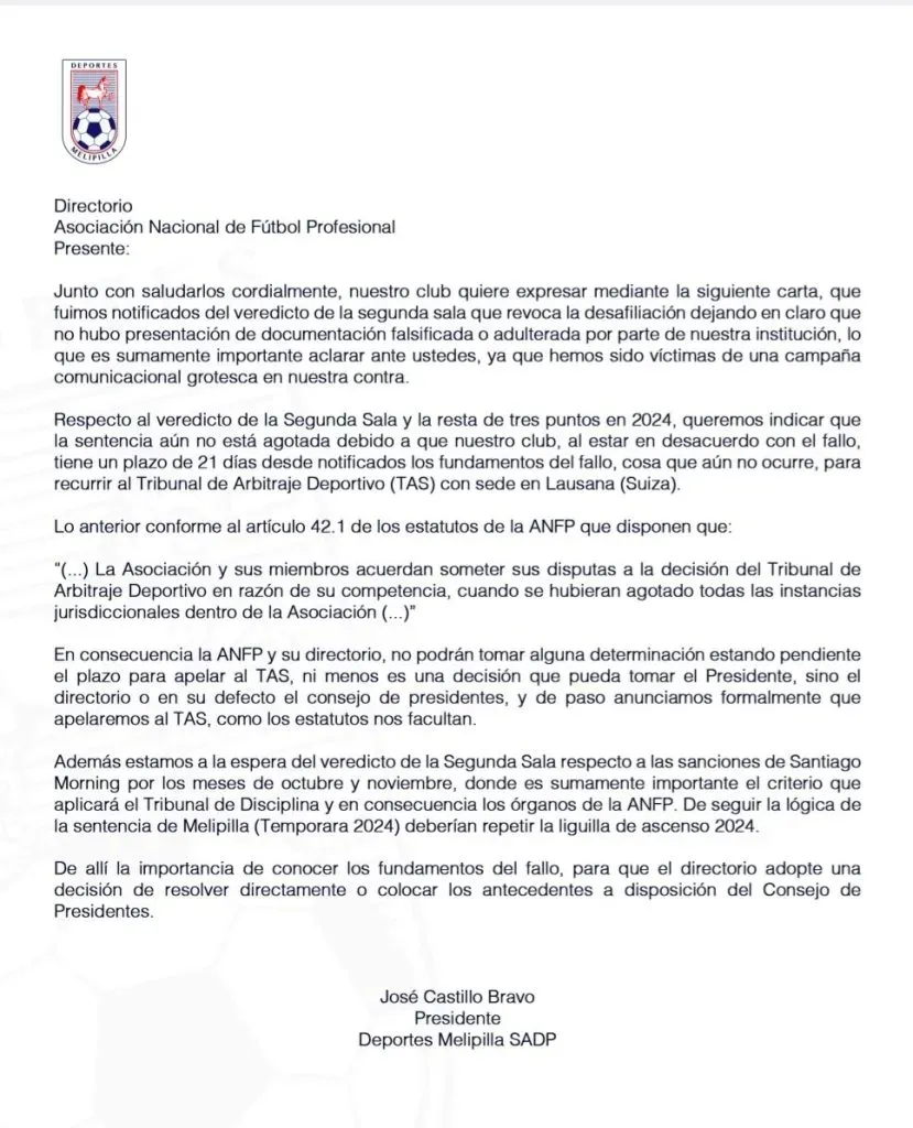 La carta de Melipilla dirigida a la ANFP (Captura)