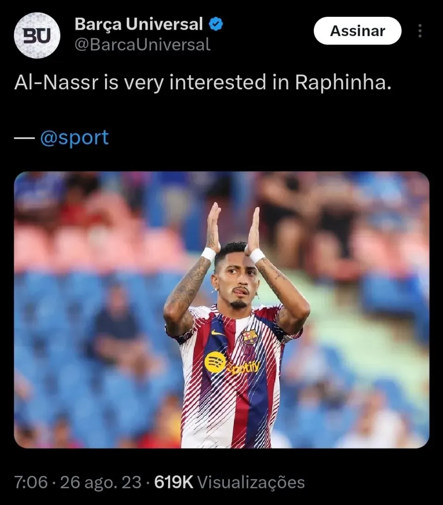 Sport informa que Raphinha interessa ao Al-Nassr via Barca Universal