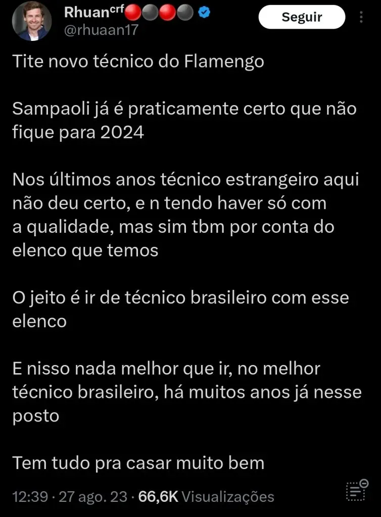 Torcedor do Flamengo pede Tite via Twitter