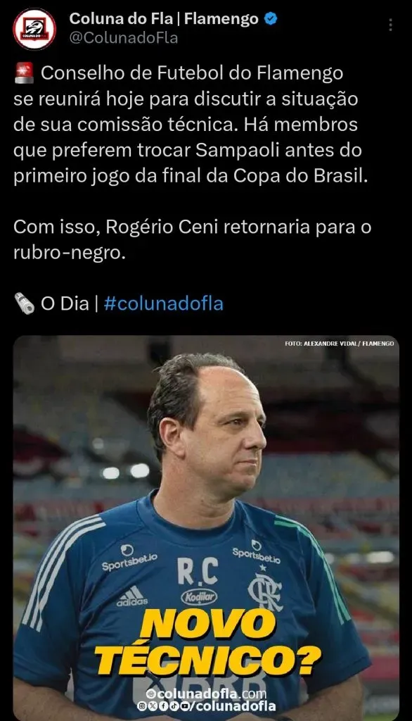 Coluna do Fla repercute interesse do Flamengo em Ceni via Twitter