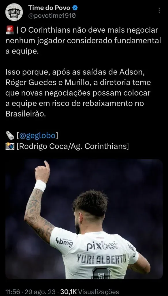 Corinthians decide não negociar mais titulares informa o GE – via Twitter