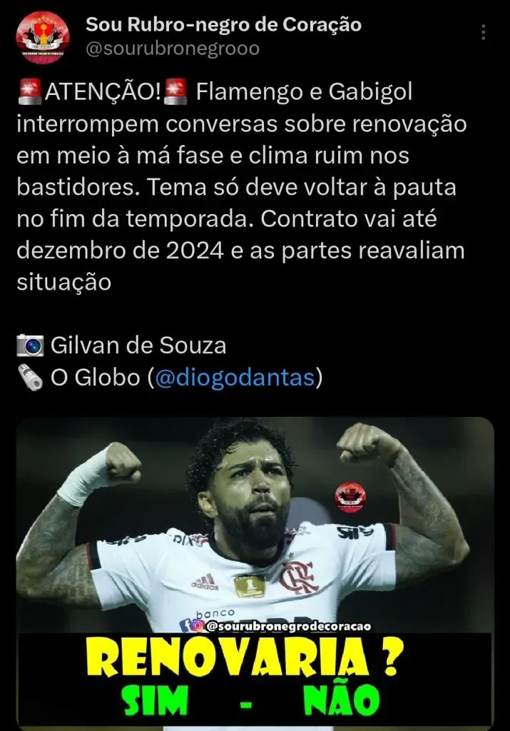 Flamengo e Gabigol não devem renovar nesta temporada – via Twitter