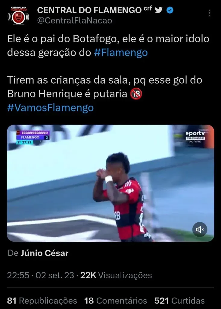 Torcida do Flamengo enaltece partida de Bruno Henrique via Twitter