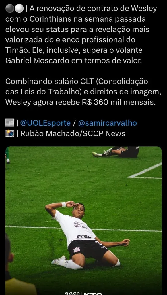 Wesley supera Moscardo com melhor contrato entre jovens do Corinthians