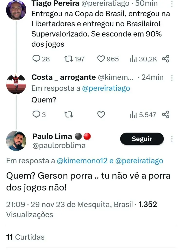 Flamenguistas criticando desempenho de Gerson.