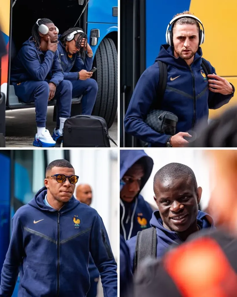 Mbappé e jogadores no desembarque da França em Leipzig — Foto: Divulgação / FFF