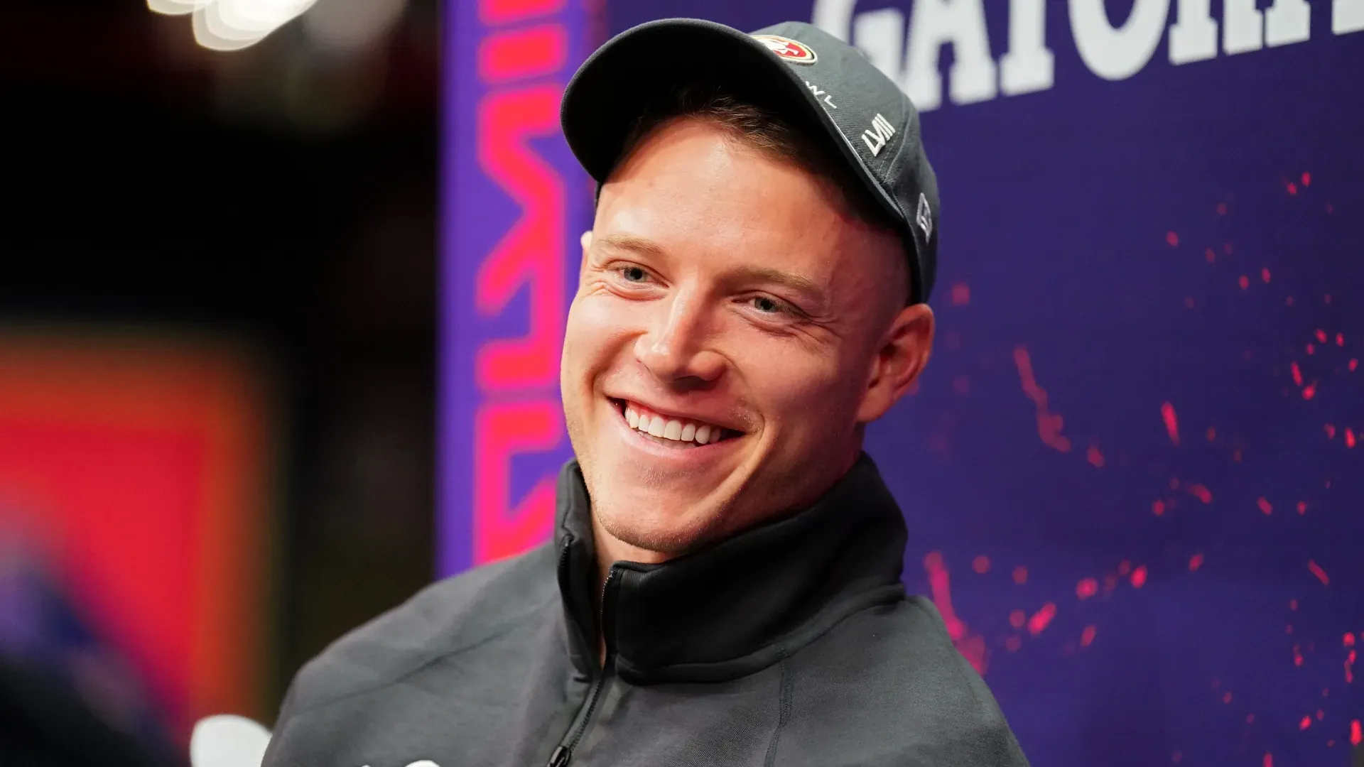 Christian McCaffrey of the San Francisco 49ers speaks to the media during Super Bowl LVIII Opening Night at Allegiant Stadium on February 05, 2024. (Source: Chris Unger/Getty Images)