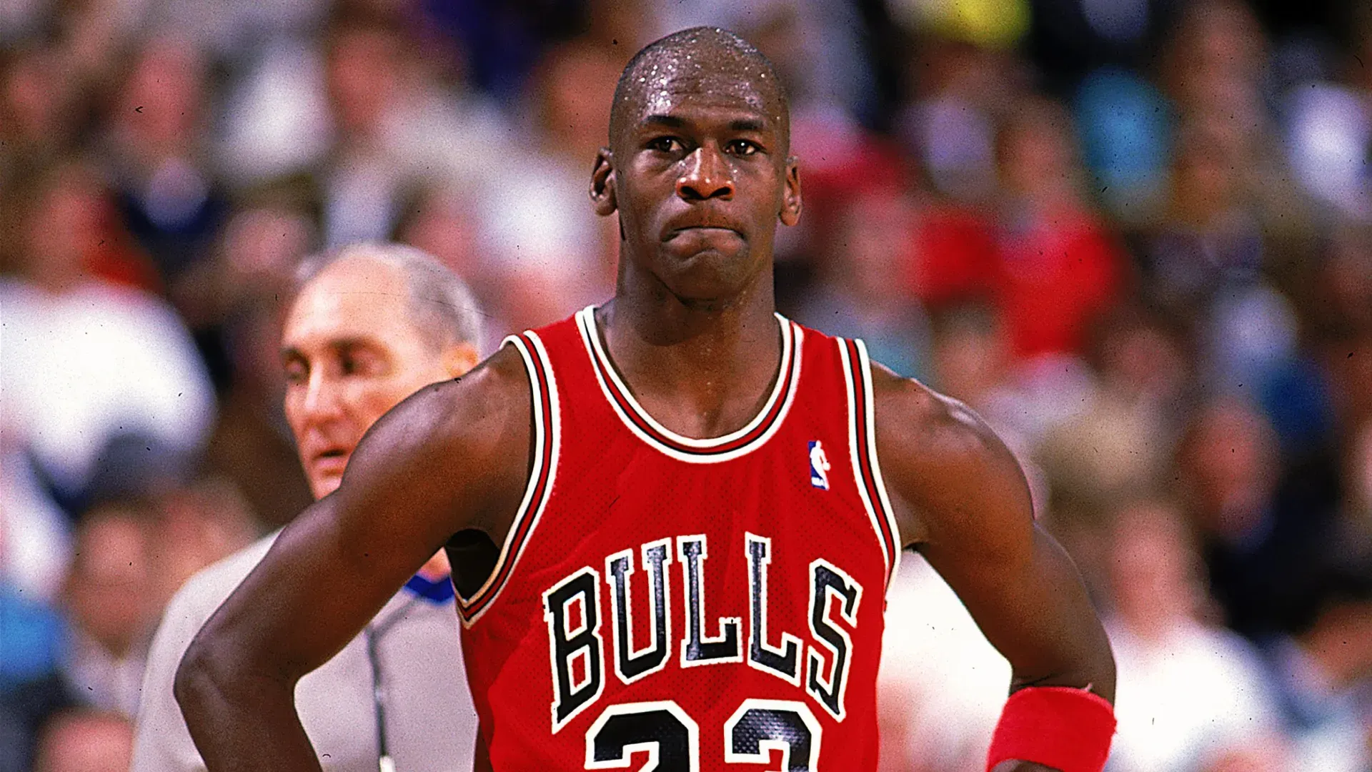 Michael Jordan #23 of the Chicago Bulls looks on during the game.