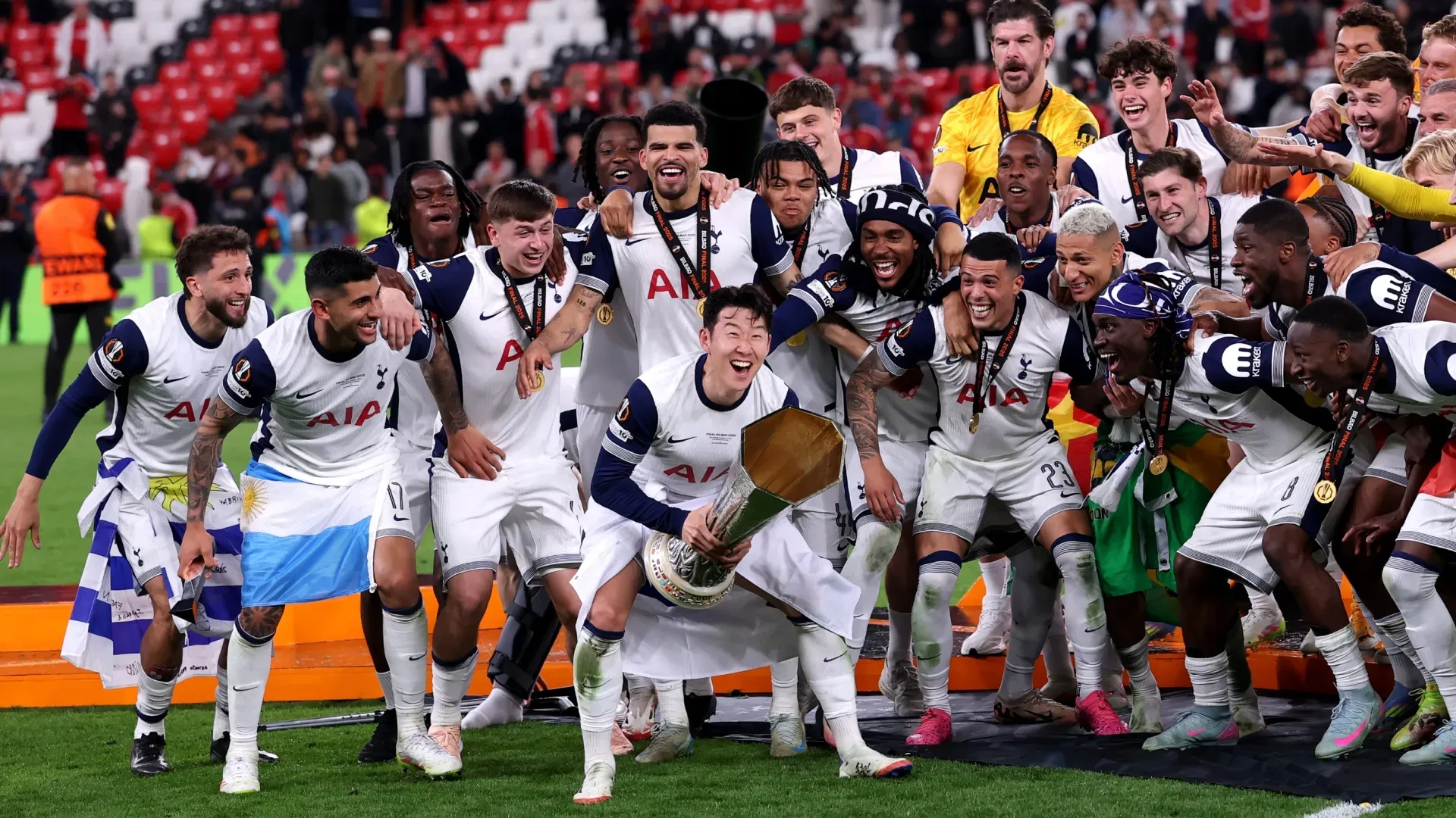 Tottenham players celebrate the UEFA Europa League title.