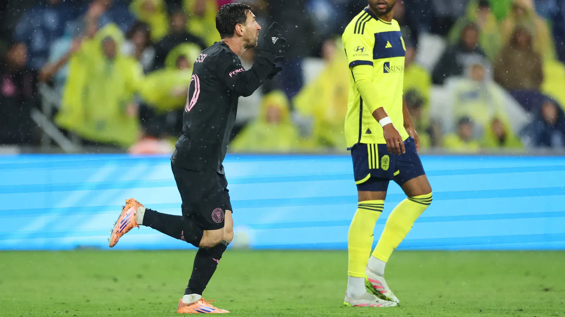 Lionel Messi celebrates scoring for Inter Miami vs Nashville. (Getty Images)