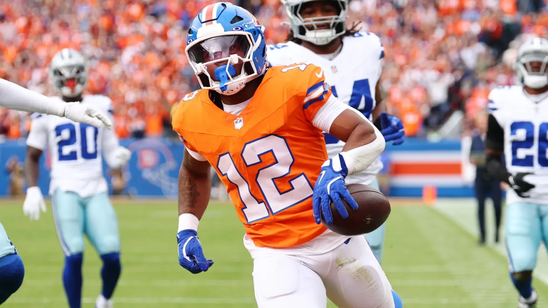 RJ Harvey #12 of the Denver Broncos