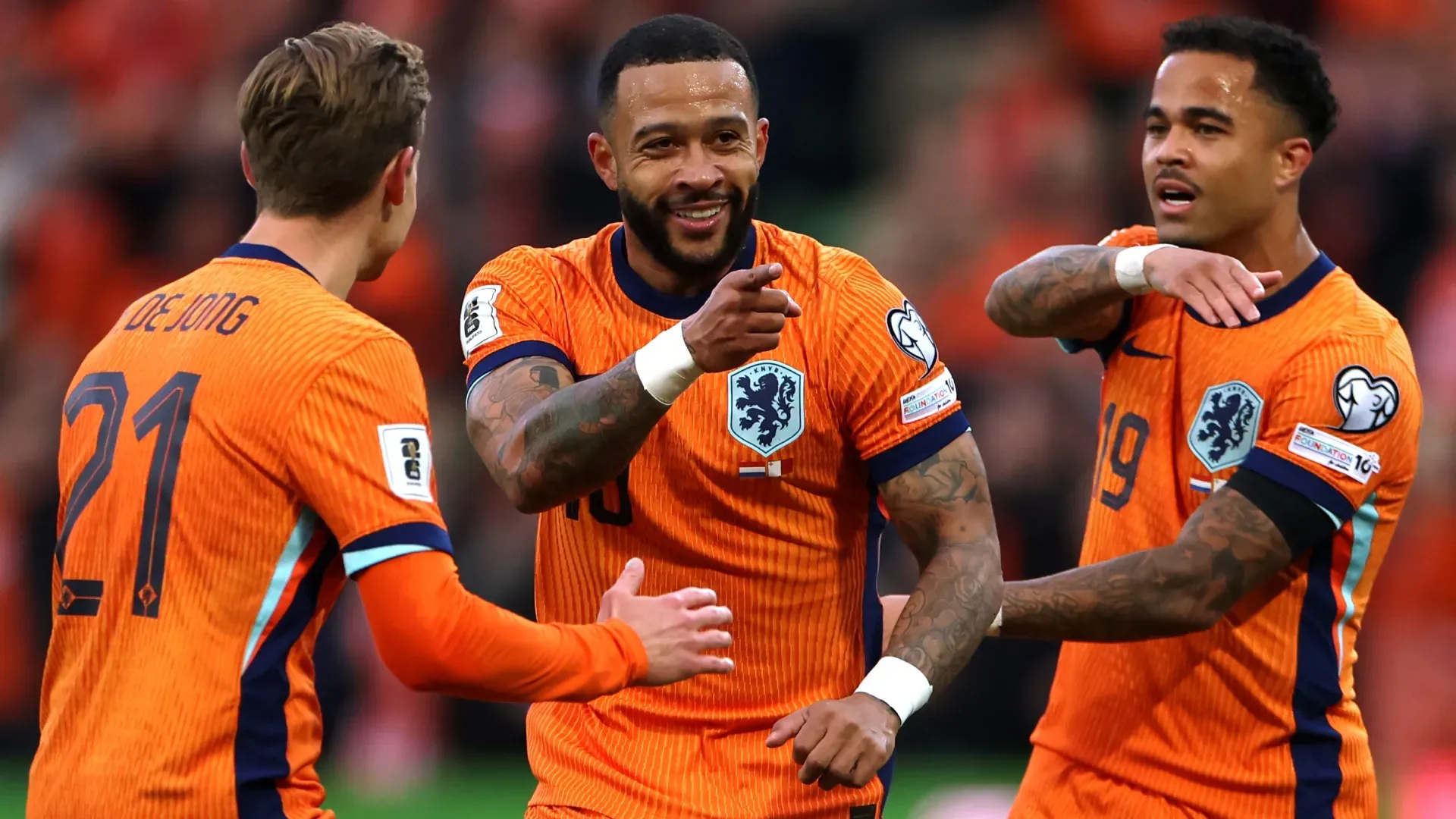Memphis Depay of Netherlands celebrates scoring his team’s second goal. Dean Mouhtaropoulos/Getty Images