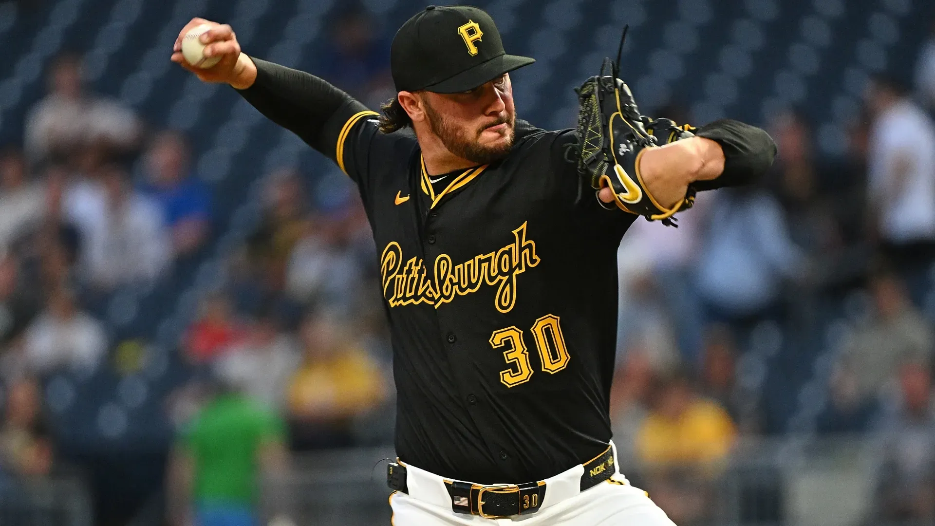 Paul Skenes #30 of the Pirates pitches in the second inning against the Cubs. Justin Berl/Getty Images