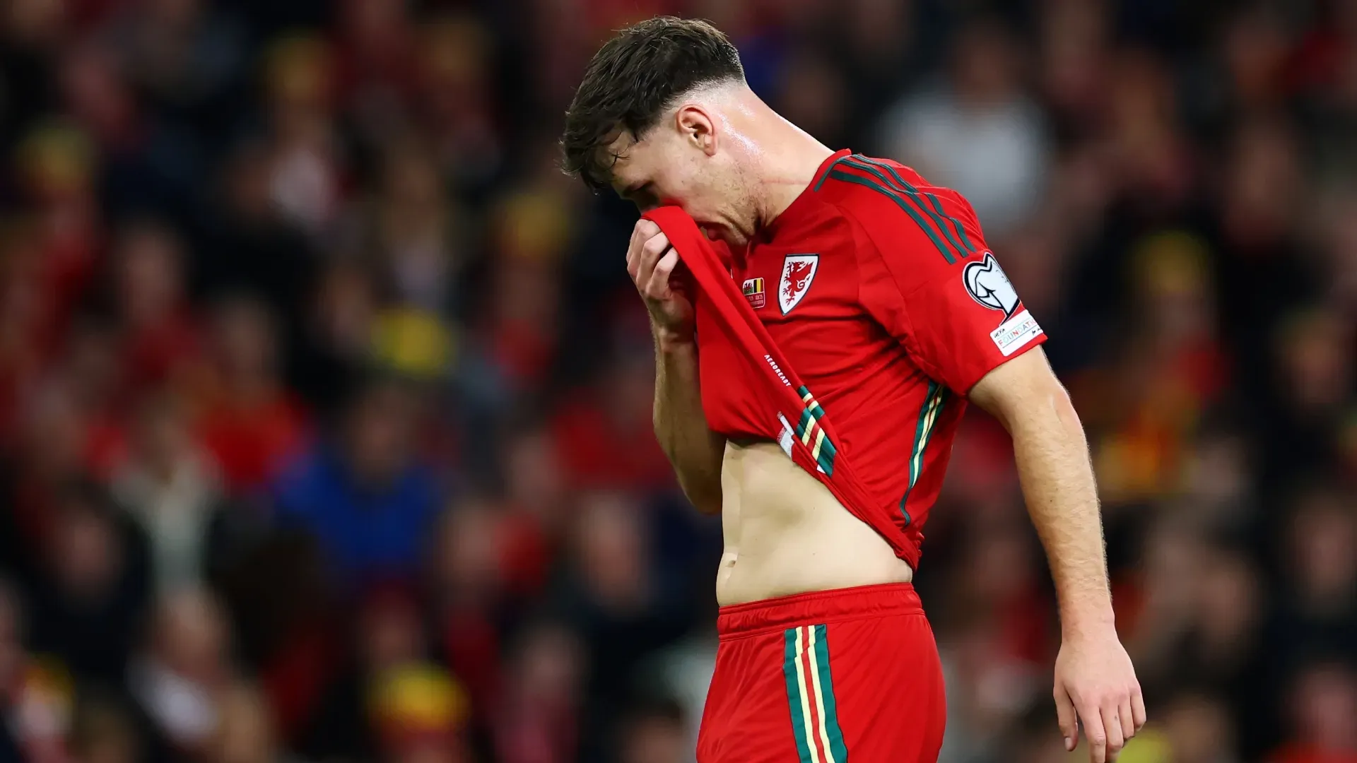 Mark Harris of Wales reacts during the FIFA World Cup 2026 qualifier.