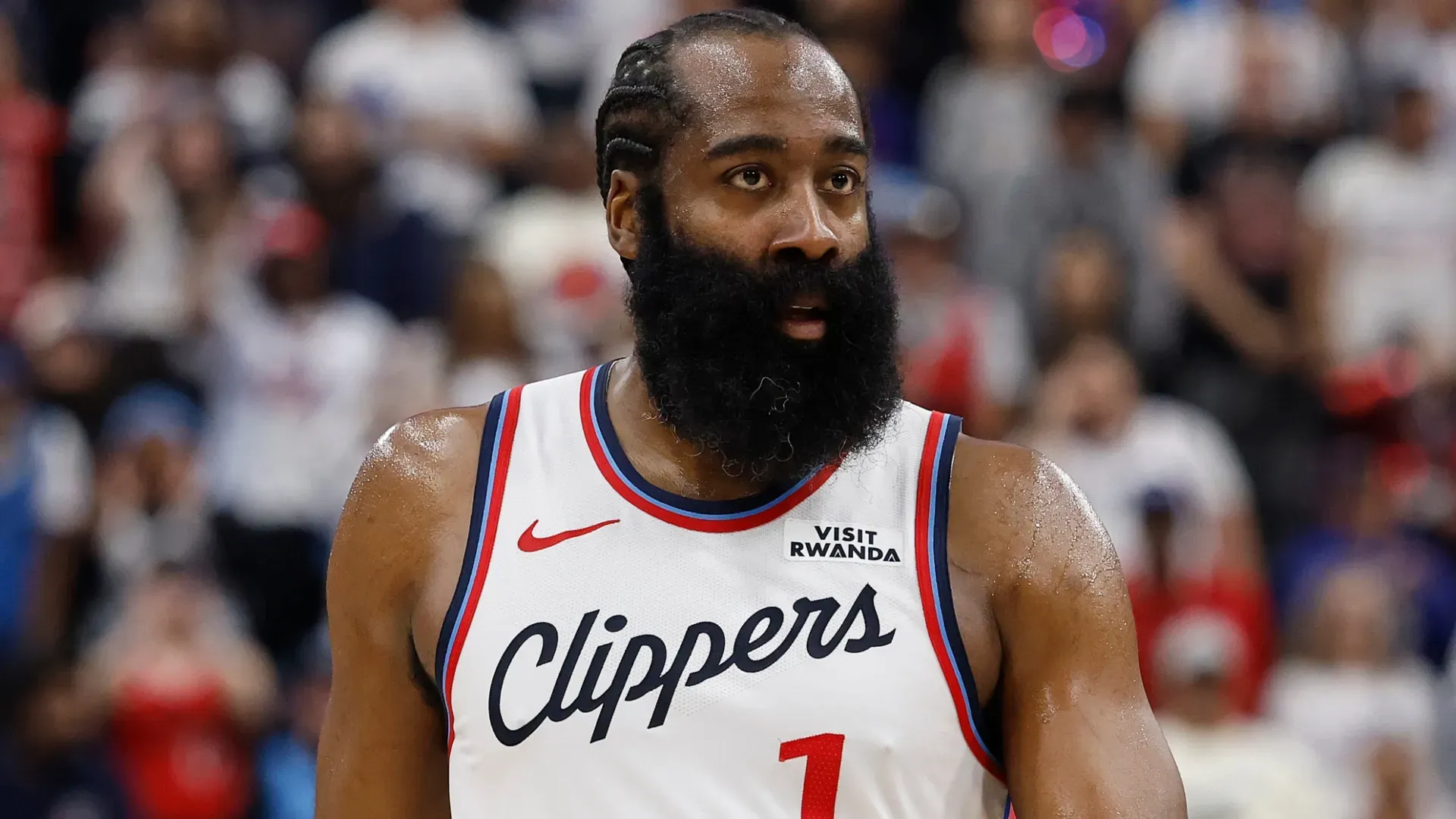 James Harden looks on