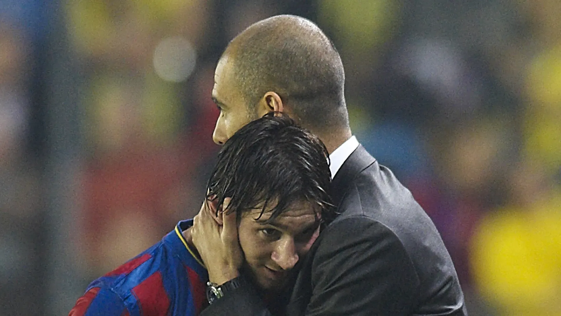 Lionel Messi and Pep Guardiola during a FC Barcelona match.