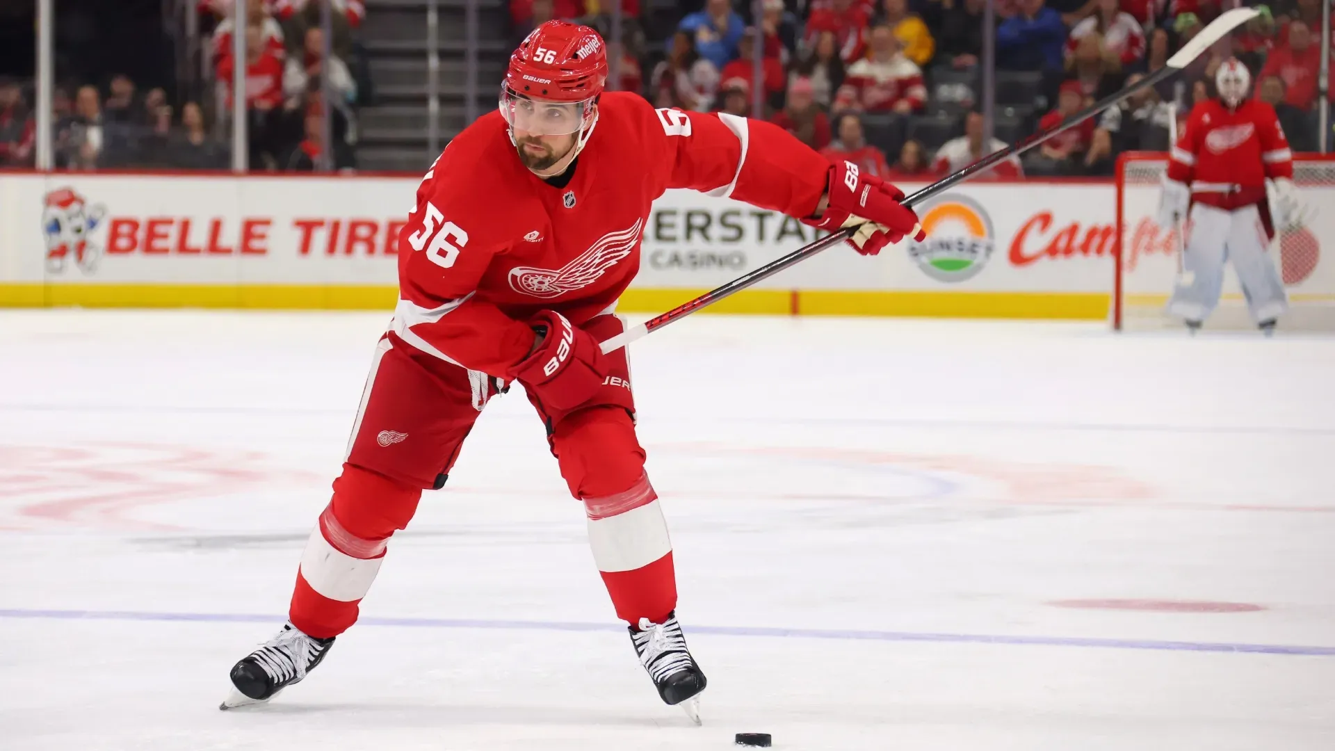 Erik Gustafsson #56 of the Red Wings plays against the Capitals. Gregory Shamus/Getty Images