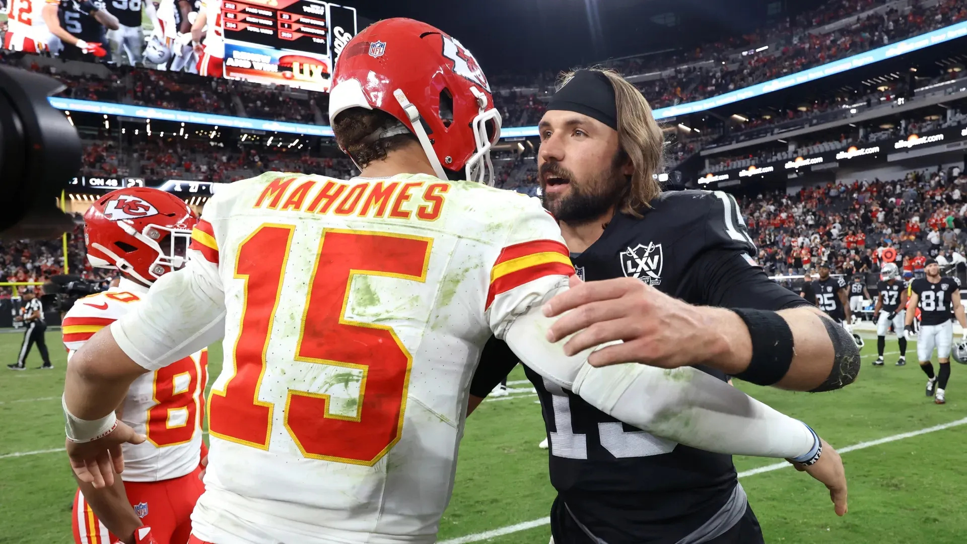 Patrick Mahomes and Gardner Minshew after a Chiefs-Raiders game in 2024.