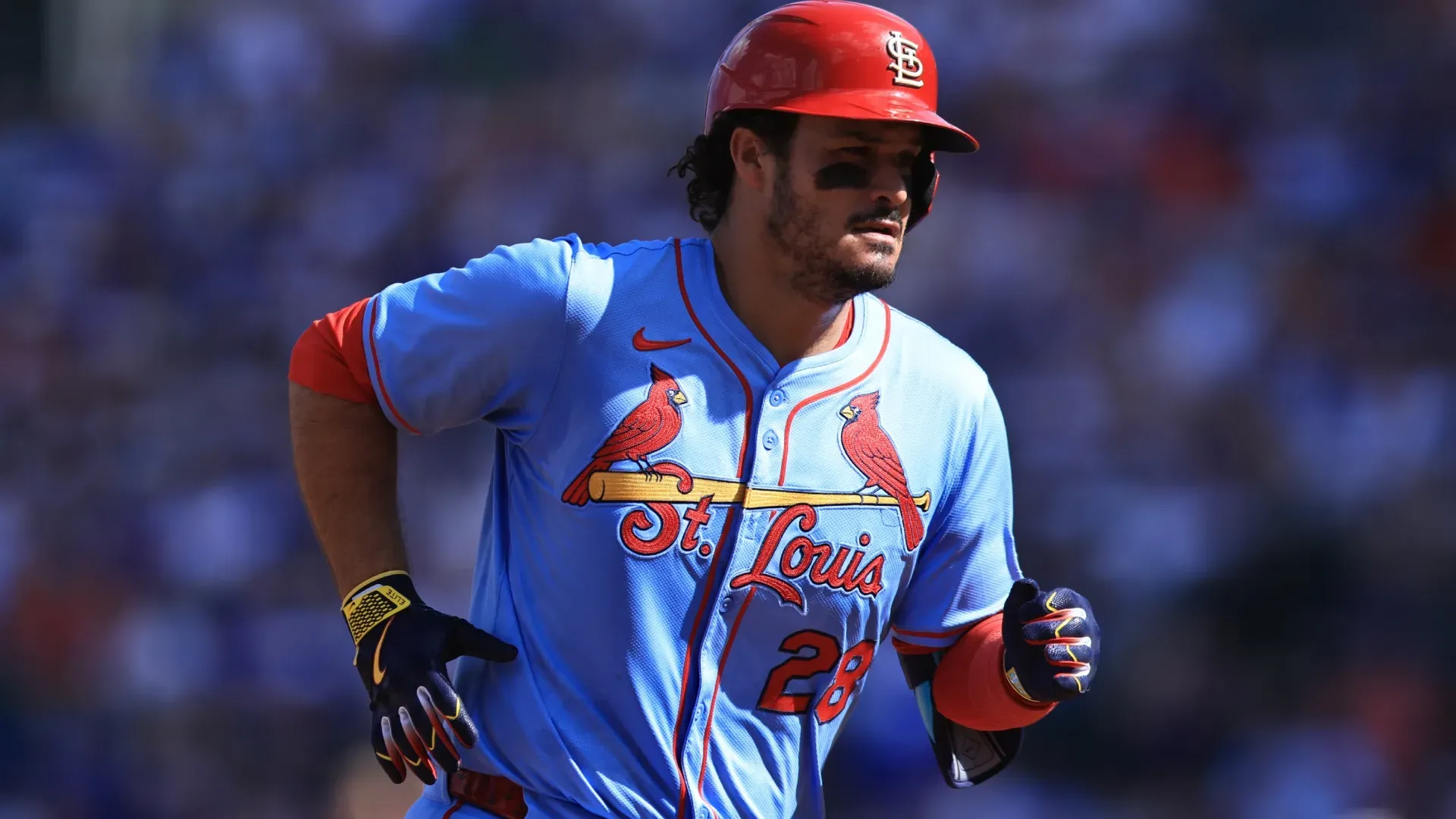 Nolan Arenado #28 of the St. Louis Cardinals hits a home run. Geoff Stellfox/Getty Images