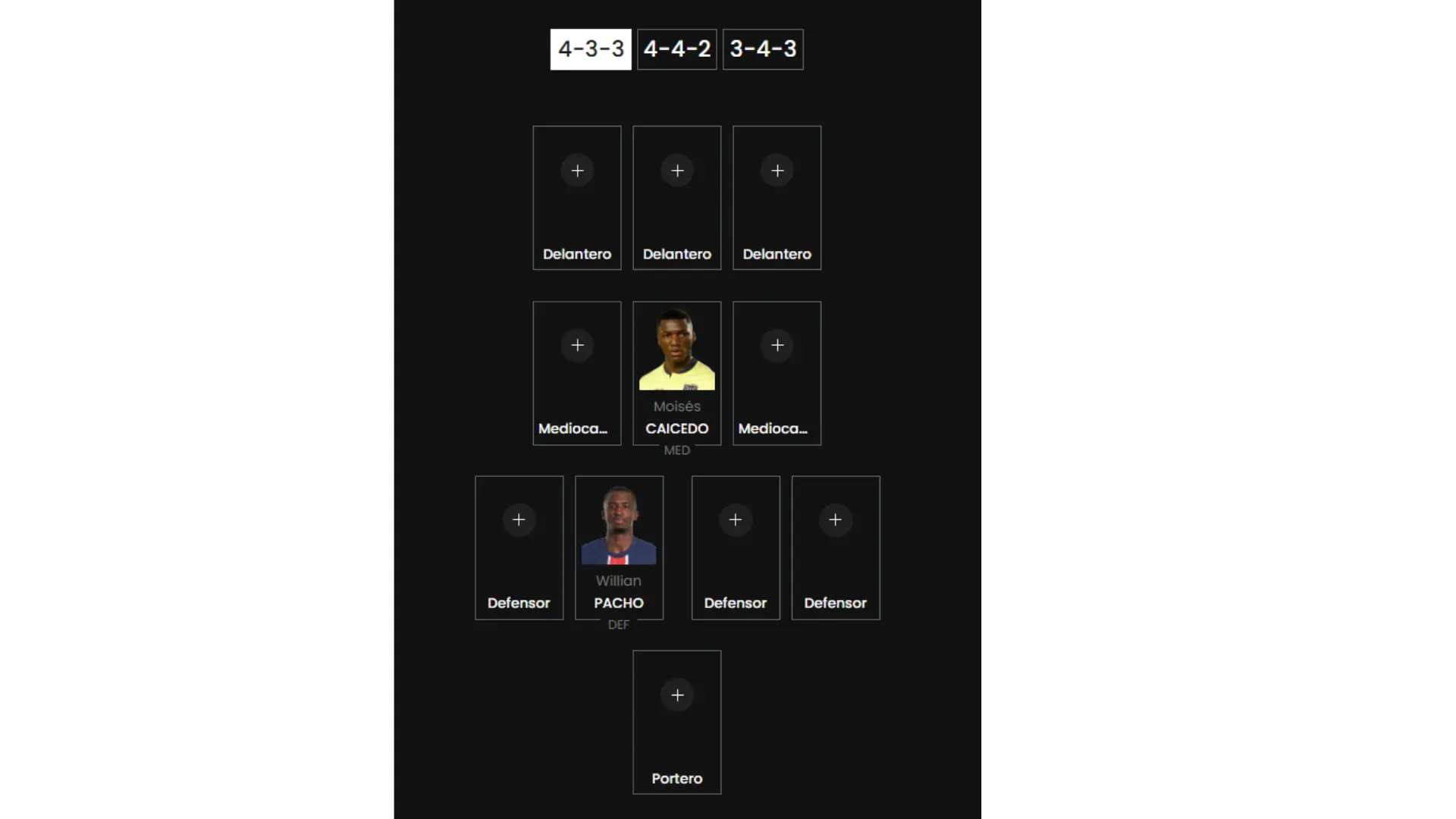 Así se vería si eliges a Moisés Caicedo y William Pacho en el once. (Captura de Pantalla)