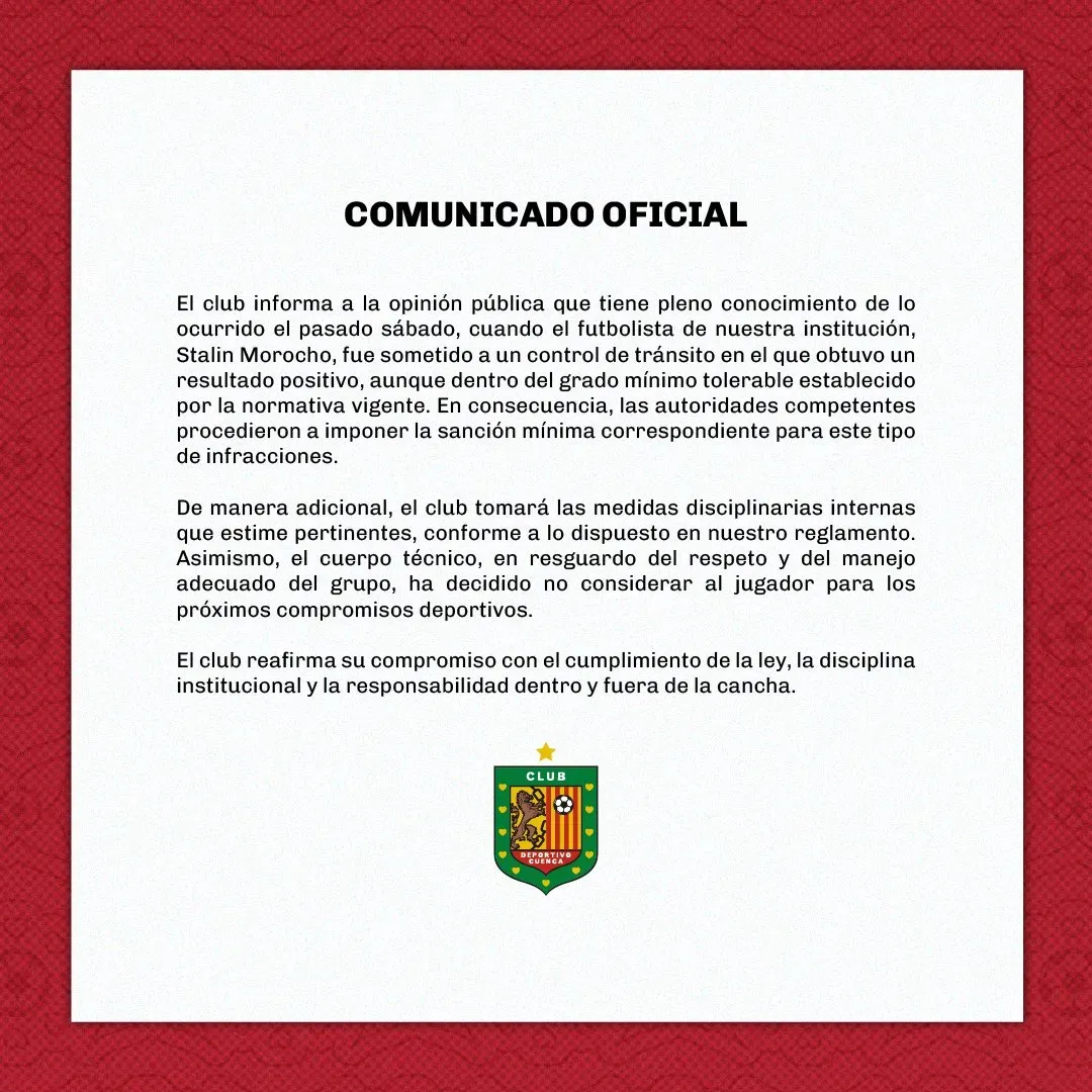 El comunicado oficial de Deportivo Cuenca.