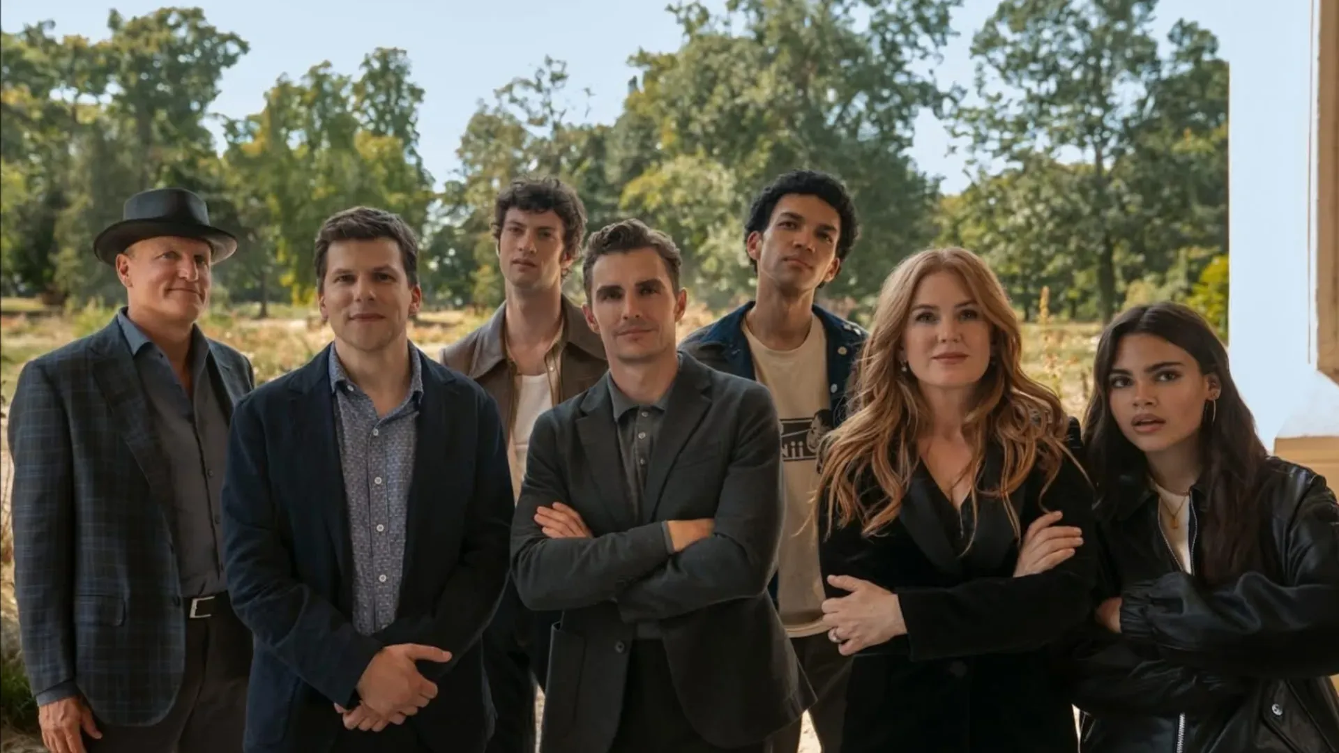 Morgan Freeman, Woody Harrelson, Jesse Eisenberg, Isla Fisher, Rosamund Pike, Dominic Sessa, Dave Franco, Justice Smith, and Ariana Greenblatt in Now You See Me: Now You Don’t (2025)