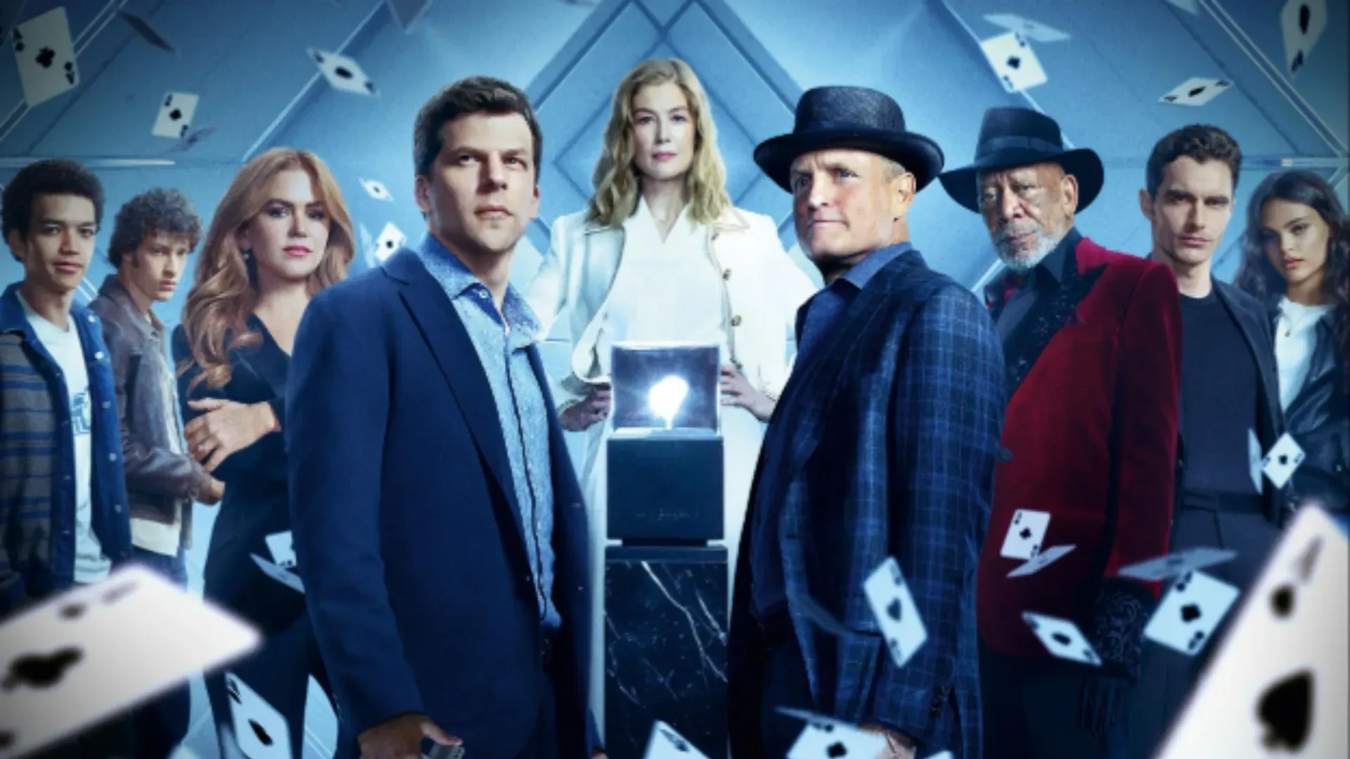 Morgan Freeman, Woody Harrelson, Jesse Eisenberg, Isla Fisher, Rosamund Pike, Dominic Sessa, Dave Franco, Justice Smith, and Ariana Greenblatt in Now You See Me: Now You Don’t (2025)