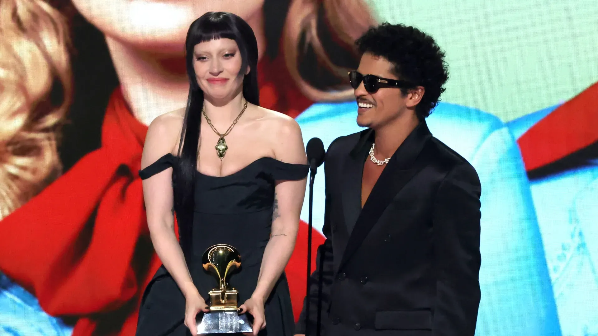 Lady Gaga and Bruno Mars accept the Best Pop Duo/Group Performance Award for “Die with a Smile” onstage during the 67th Annual GRAMMY Awards at Crypto.com Arena on February 02, 2025 in Los Angeles, California. (Photo by Kevin Winter/Getty Images for The Recording Academy)