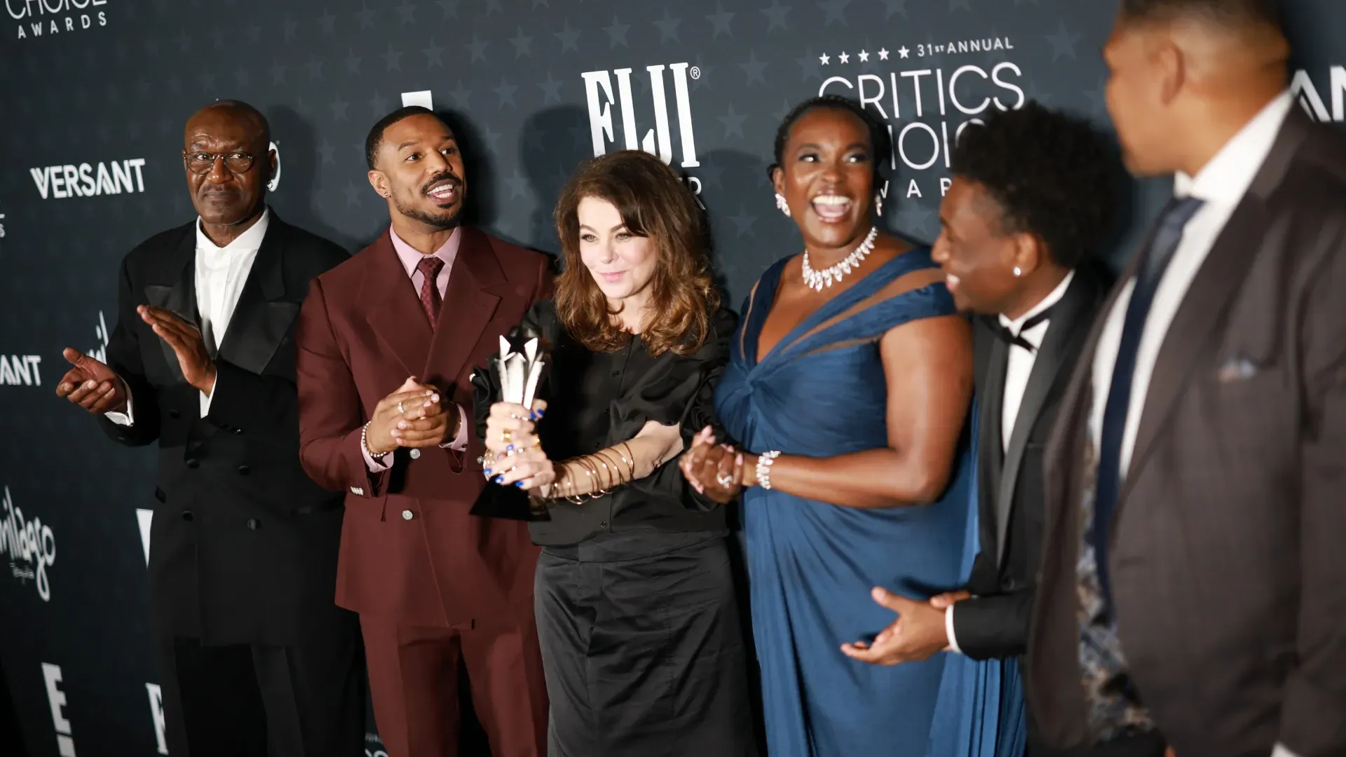 (L-R) Delroy Lindo, Michael B. Jordan, Francine Maisler, Wunmi Mosaku, Miles Caton and Omar Benson Miller, winners of the Best Casting and Ensemble Award for “Sinners,” attend the 31st Annual Critics Choice Awards at Barker Hangar on January 04, 2026 in Santa Monica, California. (Photo by Matt Winkelmeyer/Getty Images for Critics Choice Association)