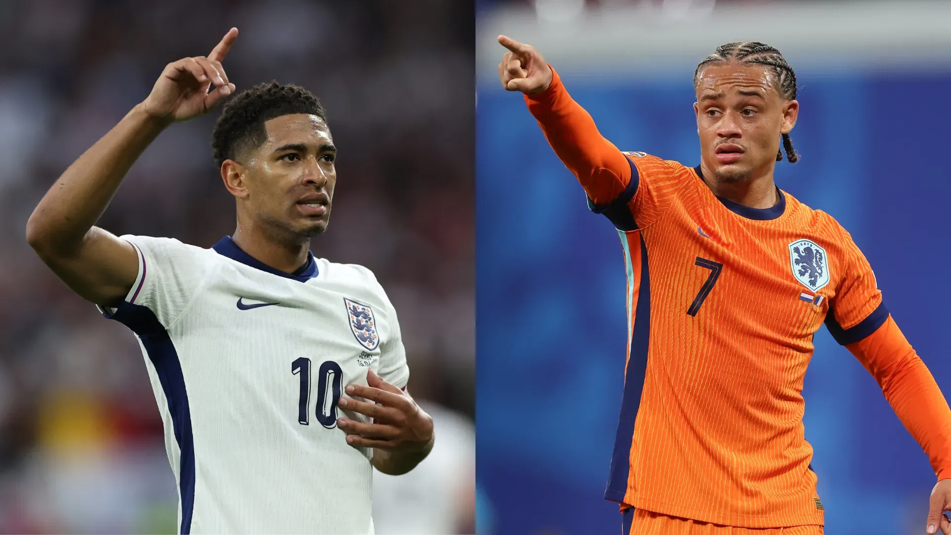 Bellingham, jogador da Inglaterra (Photo by Kevin C. Cox/Getty Images) e Xavi Simons, da Holanda (Photo by Richard Pelham/Getty Images) 