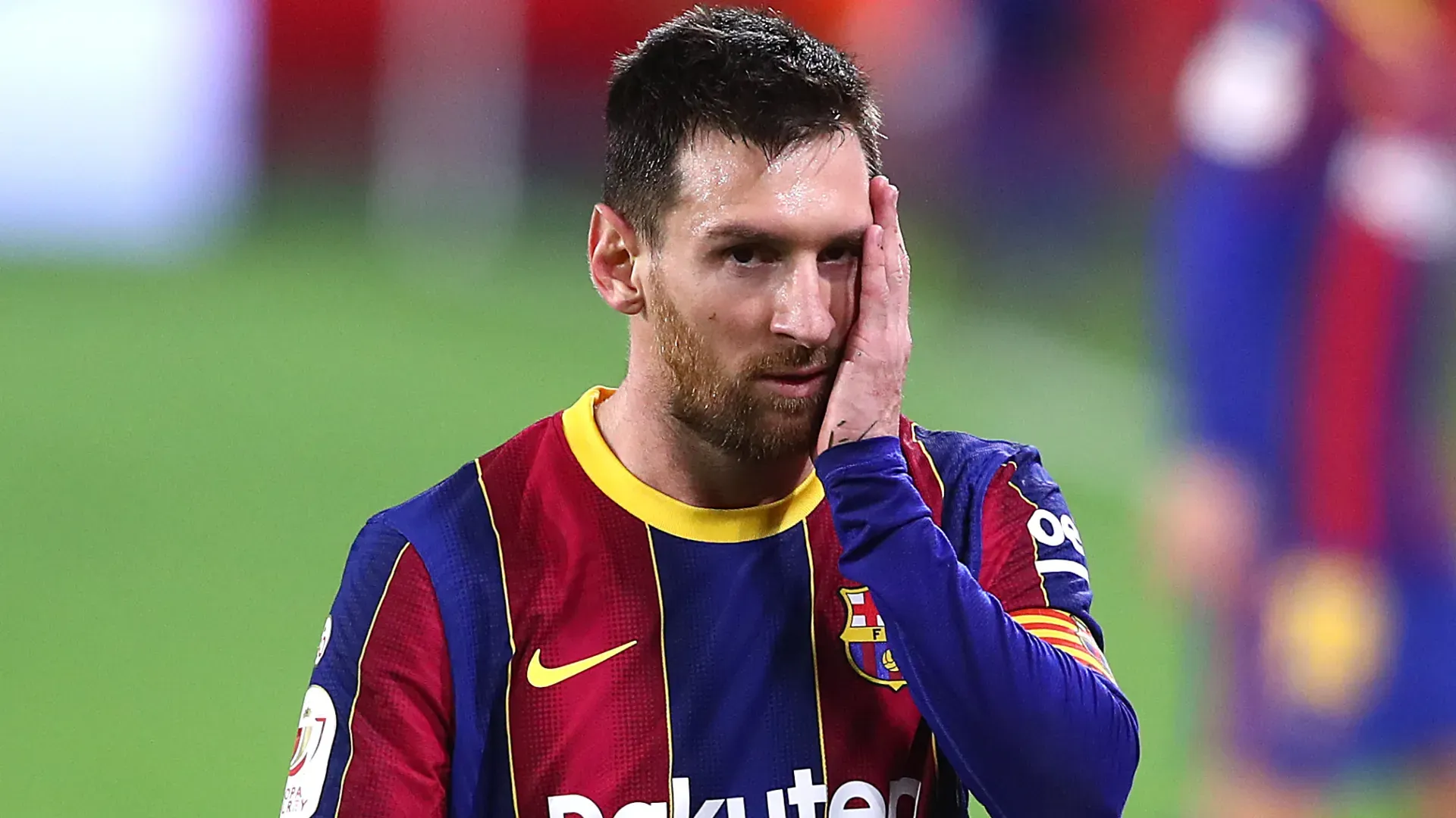 Lionel Messi of FC Barcelona looks dejected during the Copa del Rey semi-final.