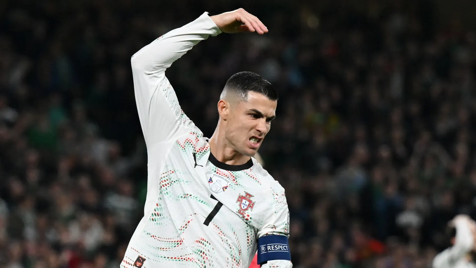 Cristiano Ronaldo of Portugal reacts during the FIFA World Cup 2026 qualifier match against Republic of Ireland.