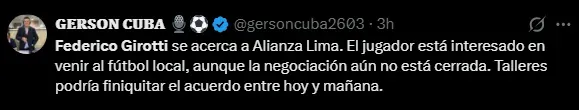 Federico Girotti podría llegar pronto a Alianza Lima (Foto: X Gerson Cuba).