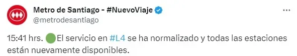 Metro informa restablecimiento de la Línea 4 a través de su cuenta de X (ex Twitter)