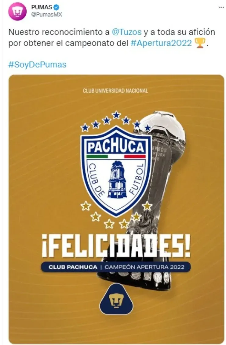 El mensaje de Pumas en Twitter (Captura de Twitter)