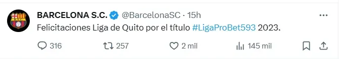 Este fue el mensaje de Barcelona SC para Liga de Quito en sus redes sociales. (Captura de pantalla: @BarcelonaSC)