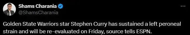 NBA Insider’s Shams Charania tweets about Stephen Curry’s injury situation.