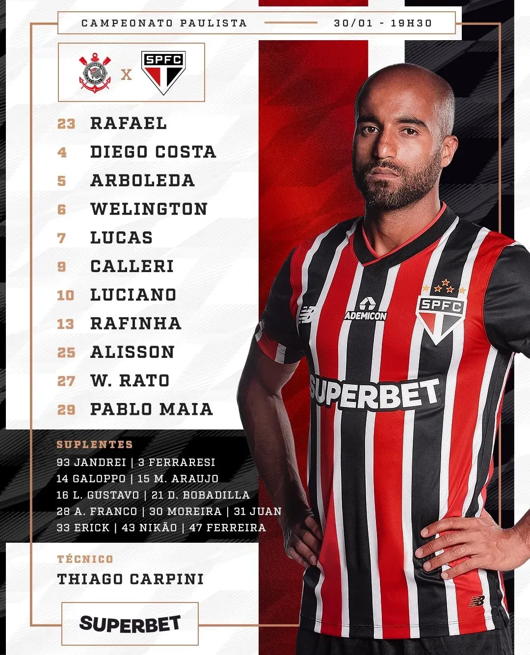 Escalação do São Paulo. Foto/ reprodução: São Paulo FC
