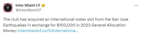 Inter Miami anunció la compra de una plaza para jugador internacional.