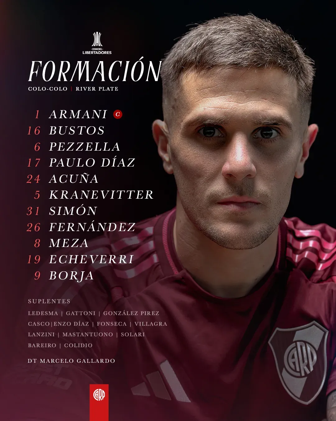 La formación de River vs. Colo-Colo.