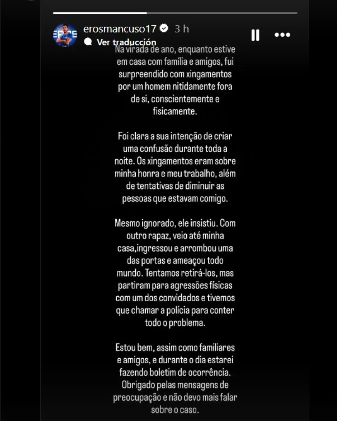 El comunicado de Eros Mancuso a través de su cuenta de Instagram.