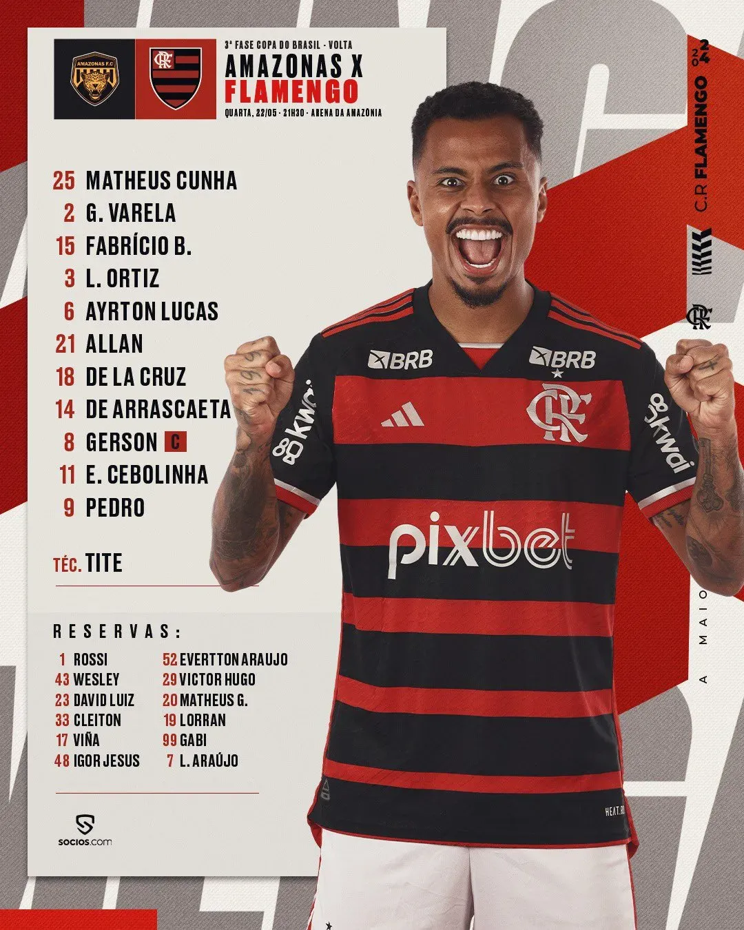 Escalação Flamengo. Foto: rede social X / Flamengo.